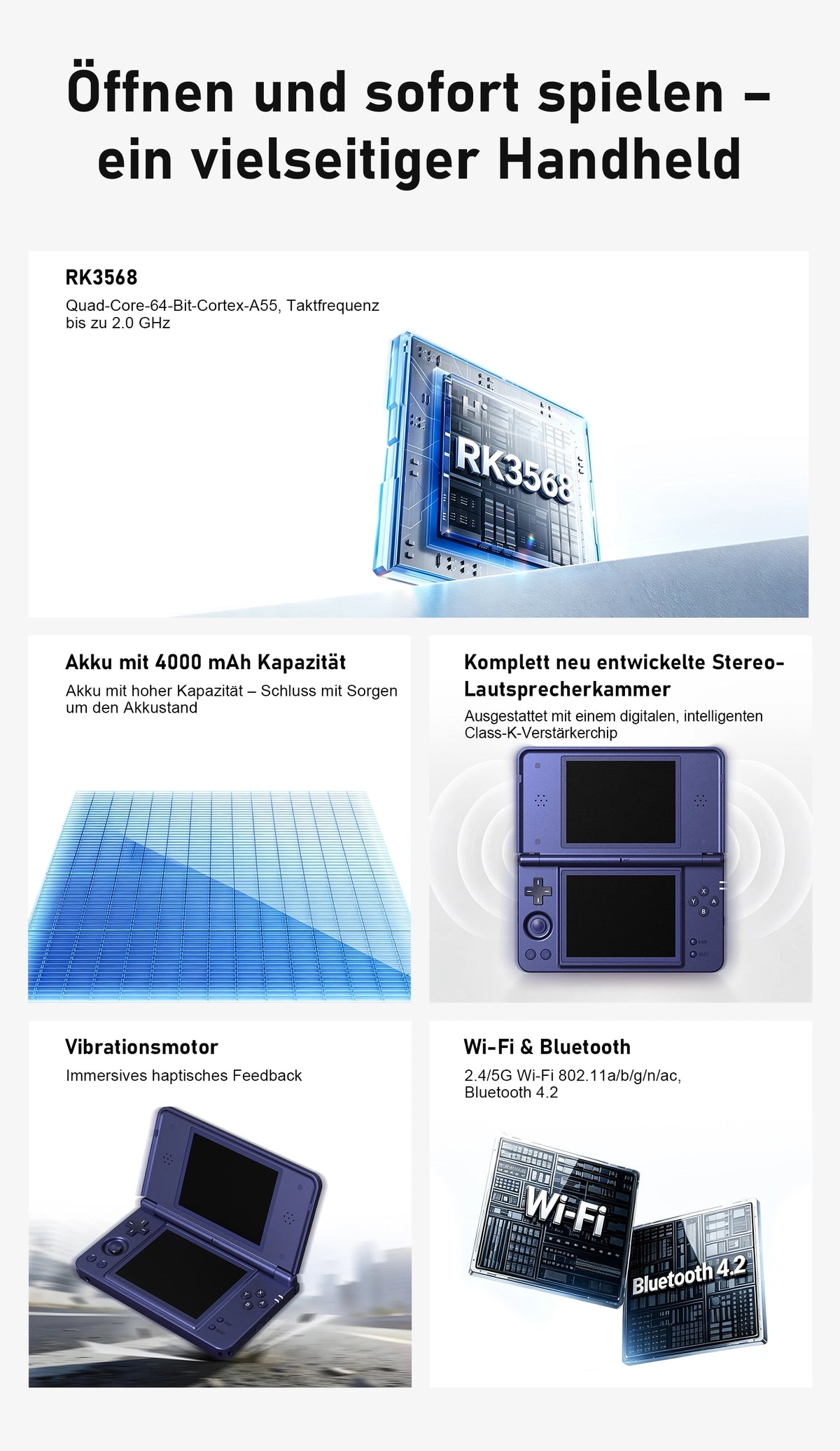 Handheld-Funktionsübersicht: RK3568, 4000-mAh-Akku, 6-Achsen-Gyroskop, Stereolautsprecher, Vibration, WLAN und Bluetooth 4.2.