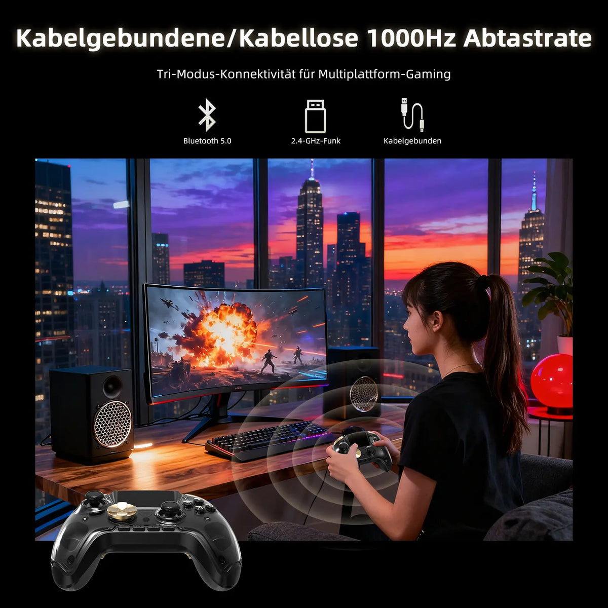 Tri-Mode Wireless Game-Controller mit 1000Hz Polling-Rate, Bluetooth 5.0 und 2.4G Verbindung