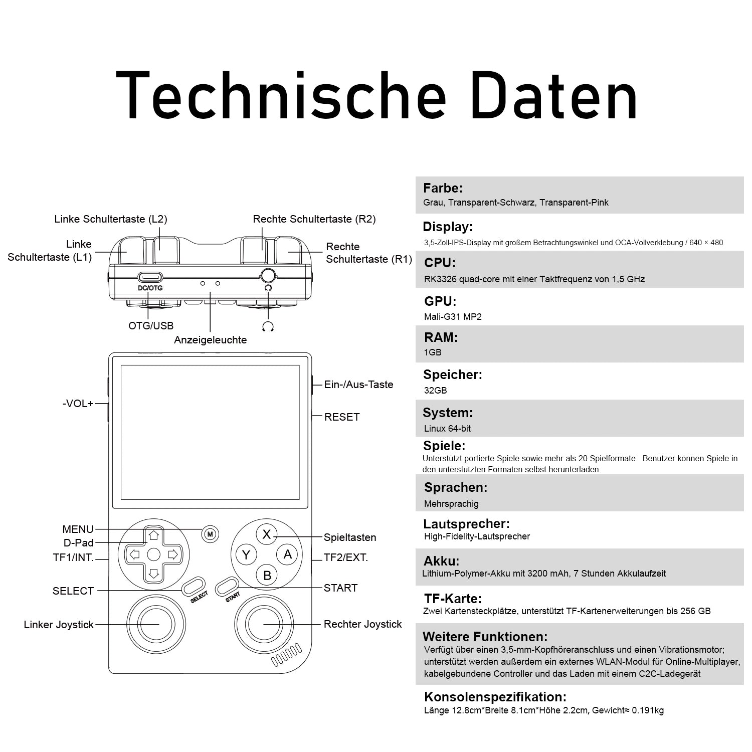 Linienzeichnung einer tragbaren Spielkonsole mit beschrifteten Tasten und technischen Daten.