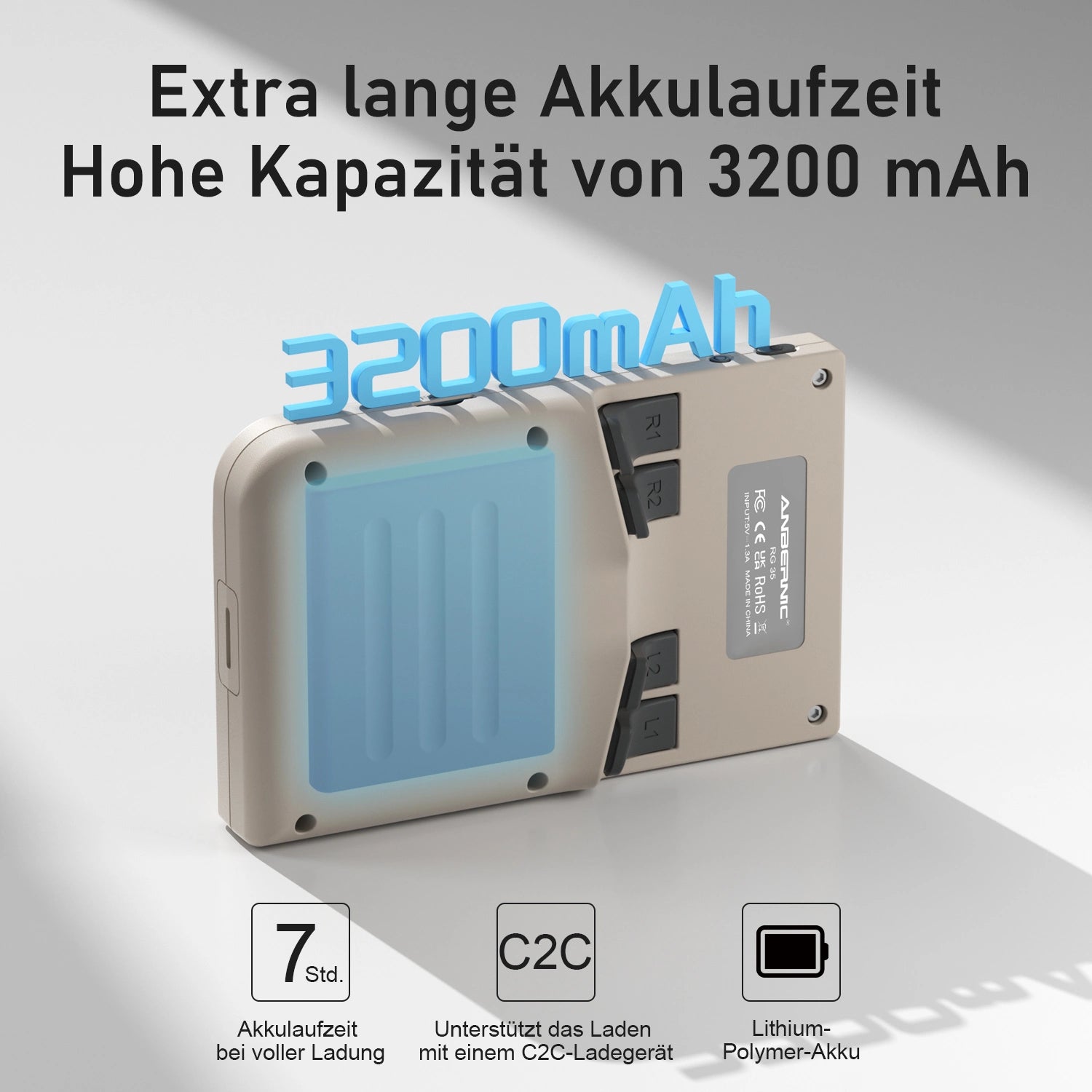 Beiges Powerbank mit 3200 mAh extra langer Akkulaufzeit, C2C-Unterstützung und Lithium-Polymer-Akku