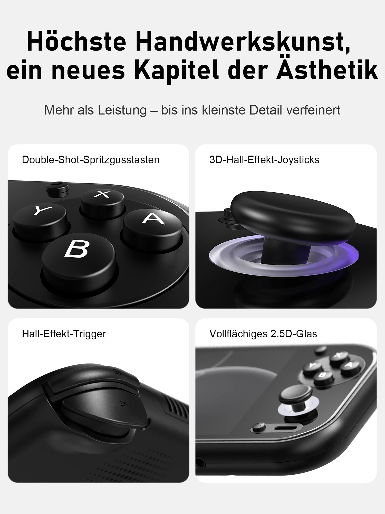 Vier Close-ups: Double-Shot-Tasten, Hall-Effekt-Joystick, Trigger und 2.5D-Glas eines schwarzen Handhelds