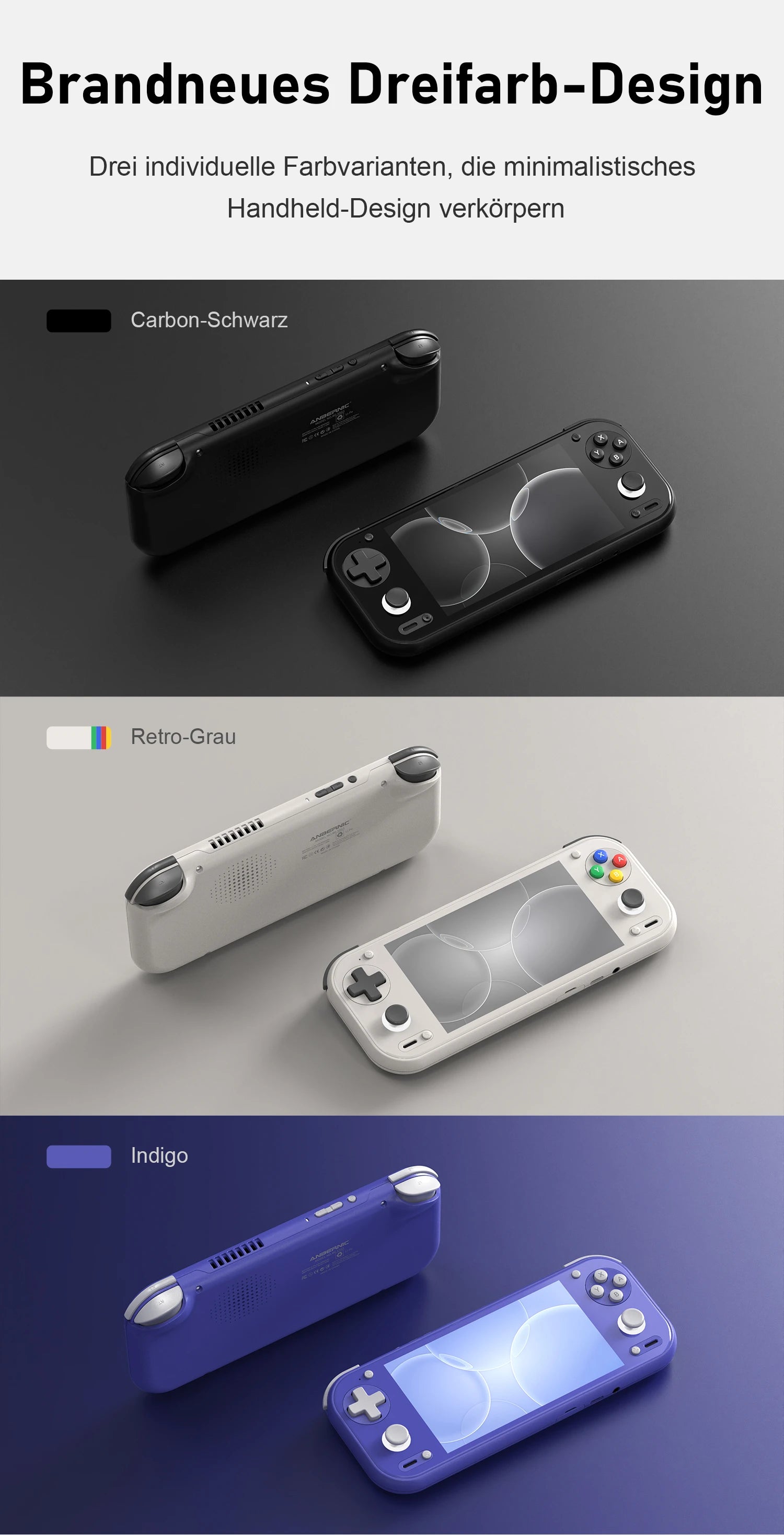 Drei Handheld-Geräte in Carbon-Schwarz, Retro-Grau und Indigo, jeweils Rück- und Vorderansicht.