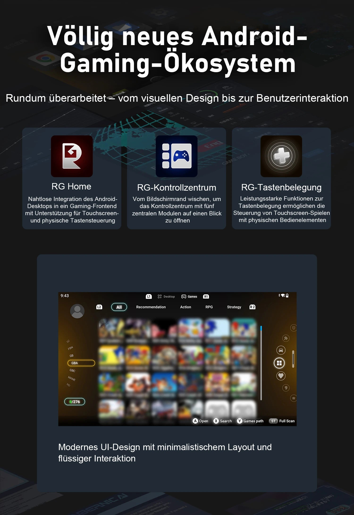 Neues Android-Gaming-Ökosystem mit RG Home, RG-Kontrollzentrum, RG-Tastenbelegung und modernem UI-Screenshot.
