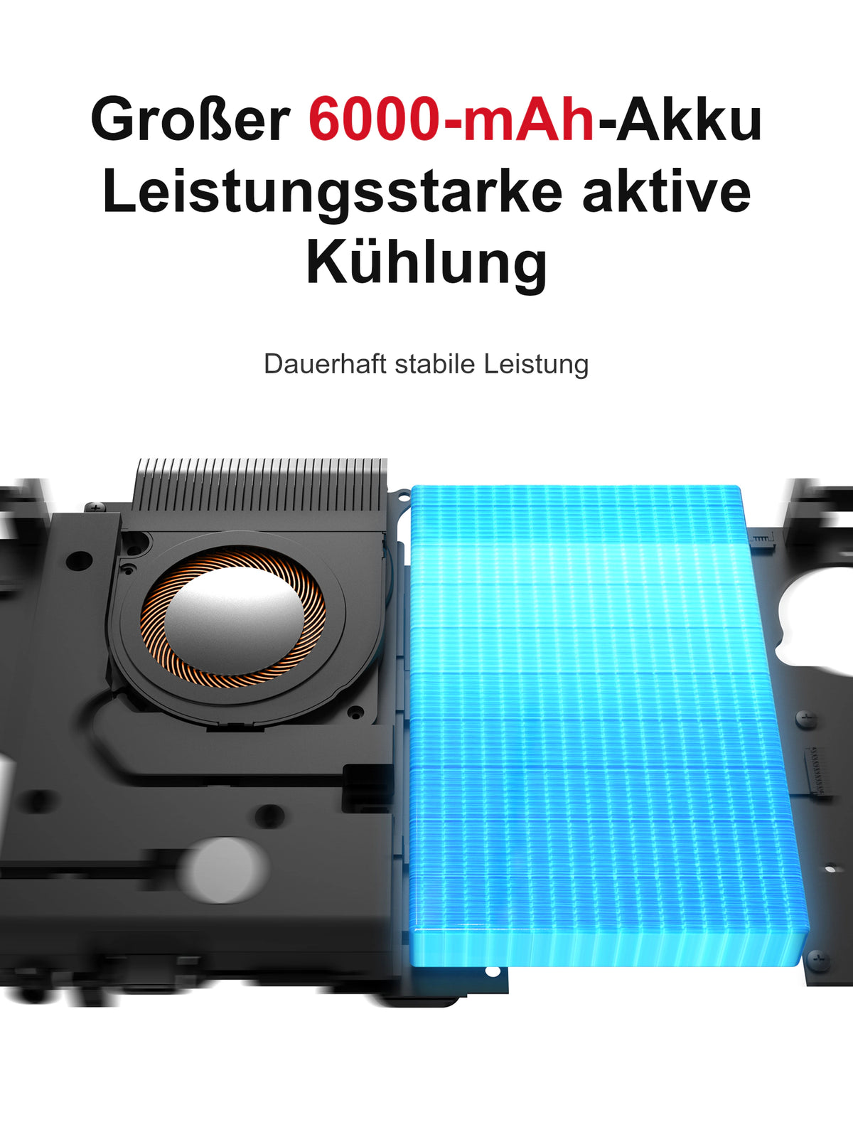Illustration des Geräteinneren mit einem runden Lüfter und Kühlrippen links sowie einem großen, blau hervorgehobenen rechteckigen Akku rechts. Die Beschriftung nennt einen 6000-mAh-Akku und aktive Kühlung.