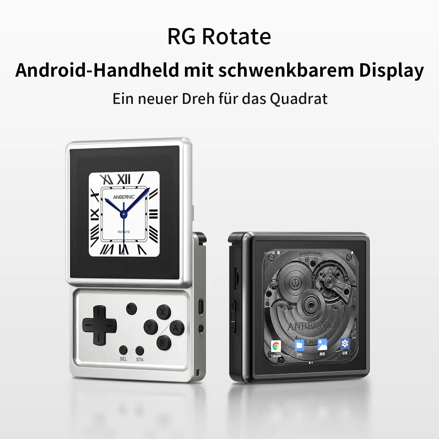 Vorder- und Seitenansicht des RG Rotate Android-Handhelds mit drehbarem Bildschirm. Das linke silberne Modell zeigt ein Zifferblatt auf dem Bildschirm; das rechte schwarze Modell zeigt die interne mechanische Getriebestruktur.