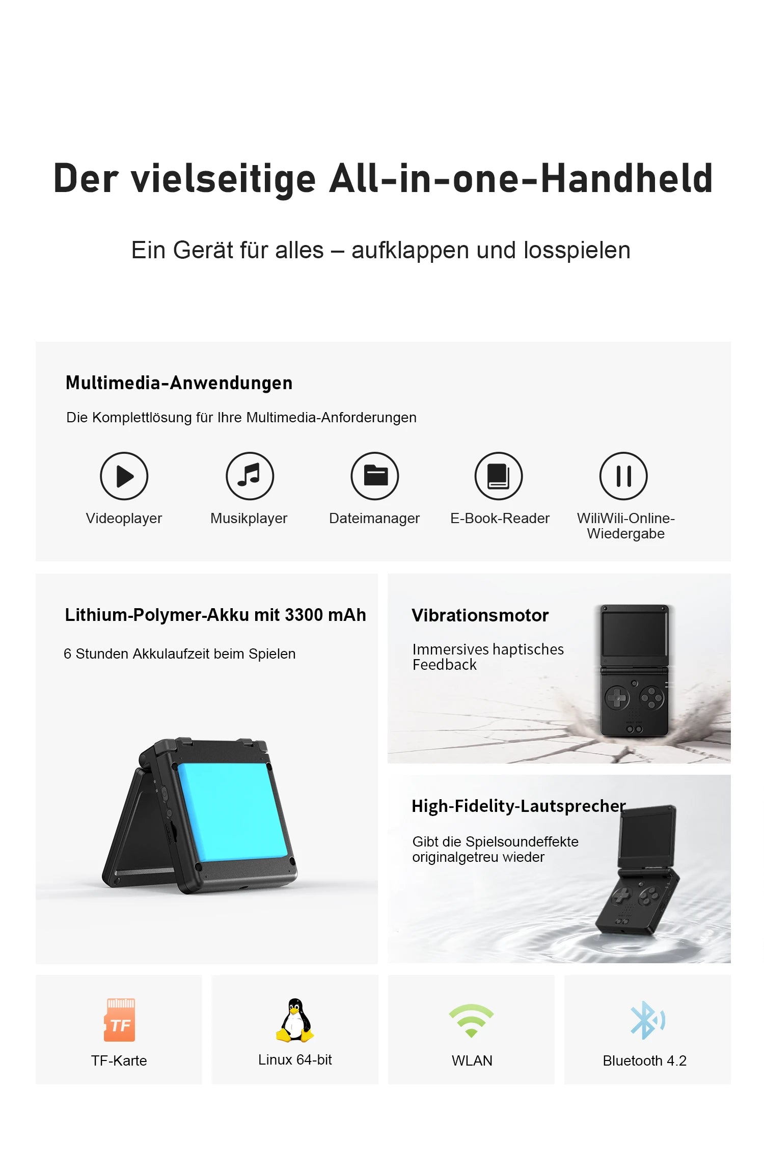 Infografik zu einem klappbaren Handheld mit Multimediafunktionen, Akku, Vibrationsmotor, Lautsprecher, WLAN und Bluetooth