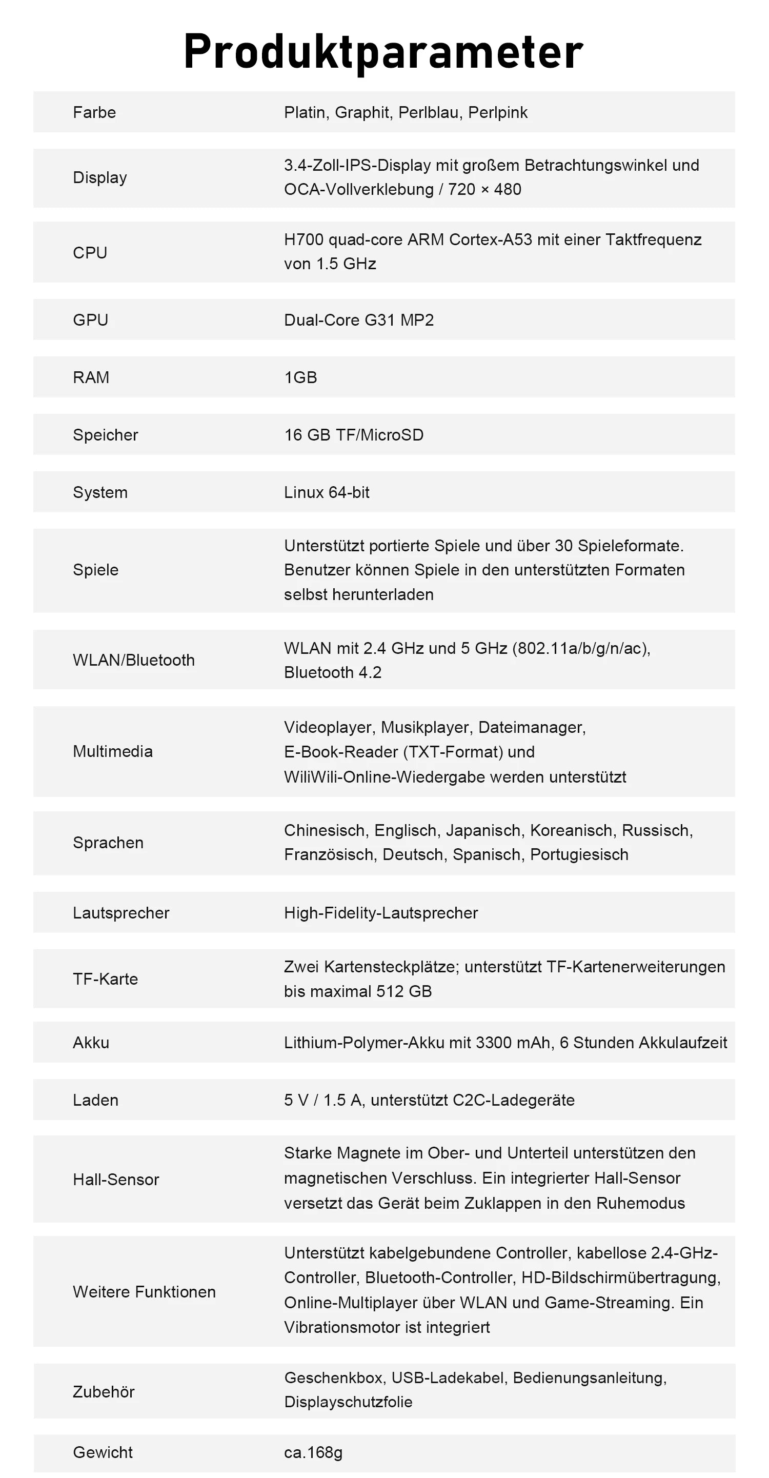 Produktparameter-Tabelle mit Display 3,4 Zoll, H700-CPU, 1 GB RAM, 16 GB Speicher, WLAN/Bluetooth und 3300-mAh-Akku