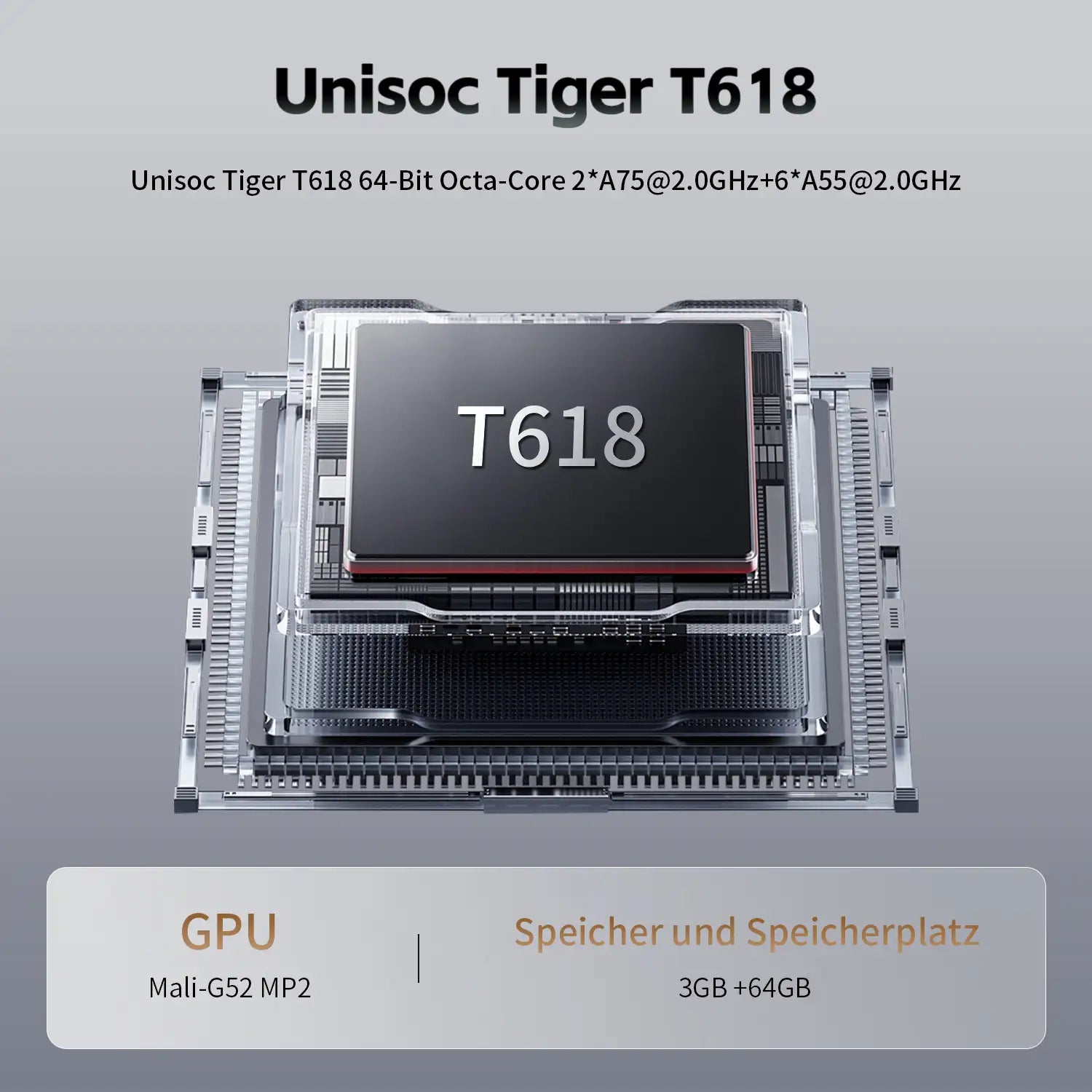Detaillierte Nahaufnahme des Unisoc Tiger T618 Prozessors in der RG Vita, mit 64-Bit-Octa-Core-Architektur.