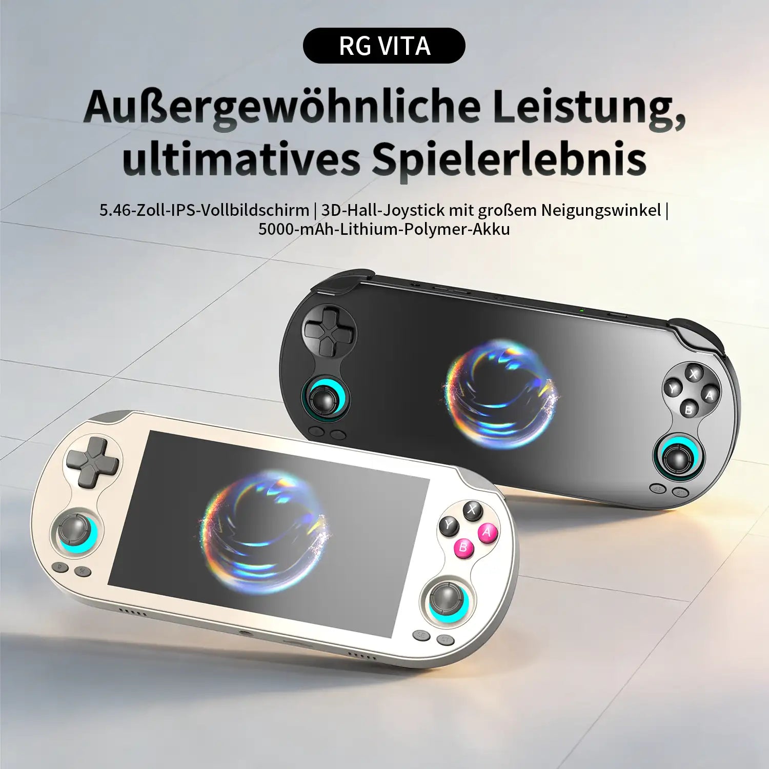RG Vita Handheld-Spielkonsole mit 5,46-Zoll-IPS-Bildschirm und Hall-Joysticks, erhältlich in Weiß und Schwarz.
