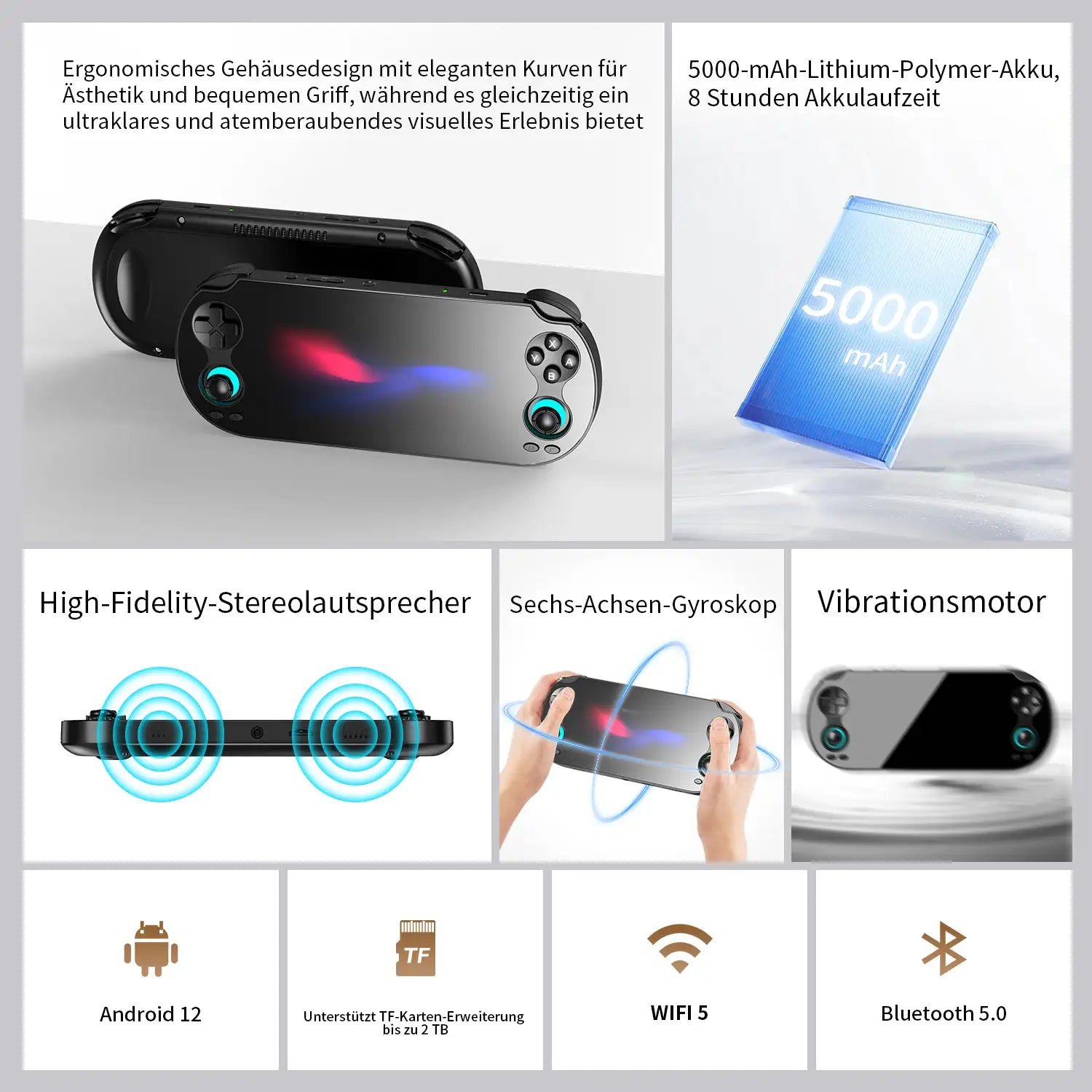 Zusammengesetztes Bild der RG Vita Funktionen: 5000mAh Akku, Stereo-Lautsprecher, 6-Achsen-Gyroskop und Unterstützung für TF-Kartenerweiterung.