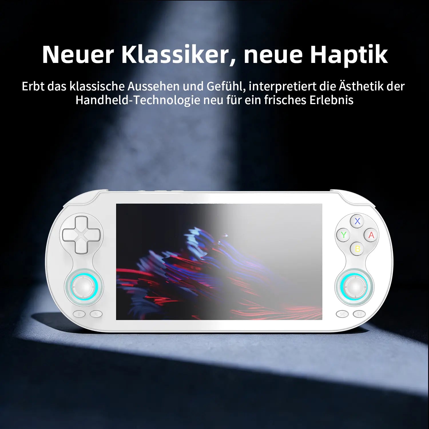 Klassische weiße ergonomische Handheld-Konsole im Tech-Design